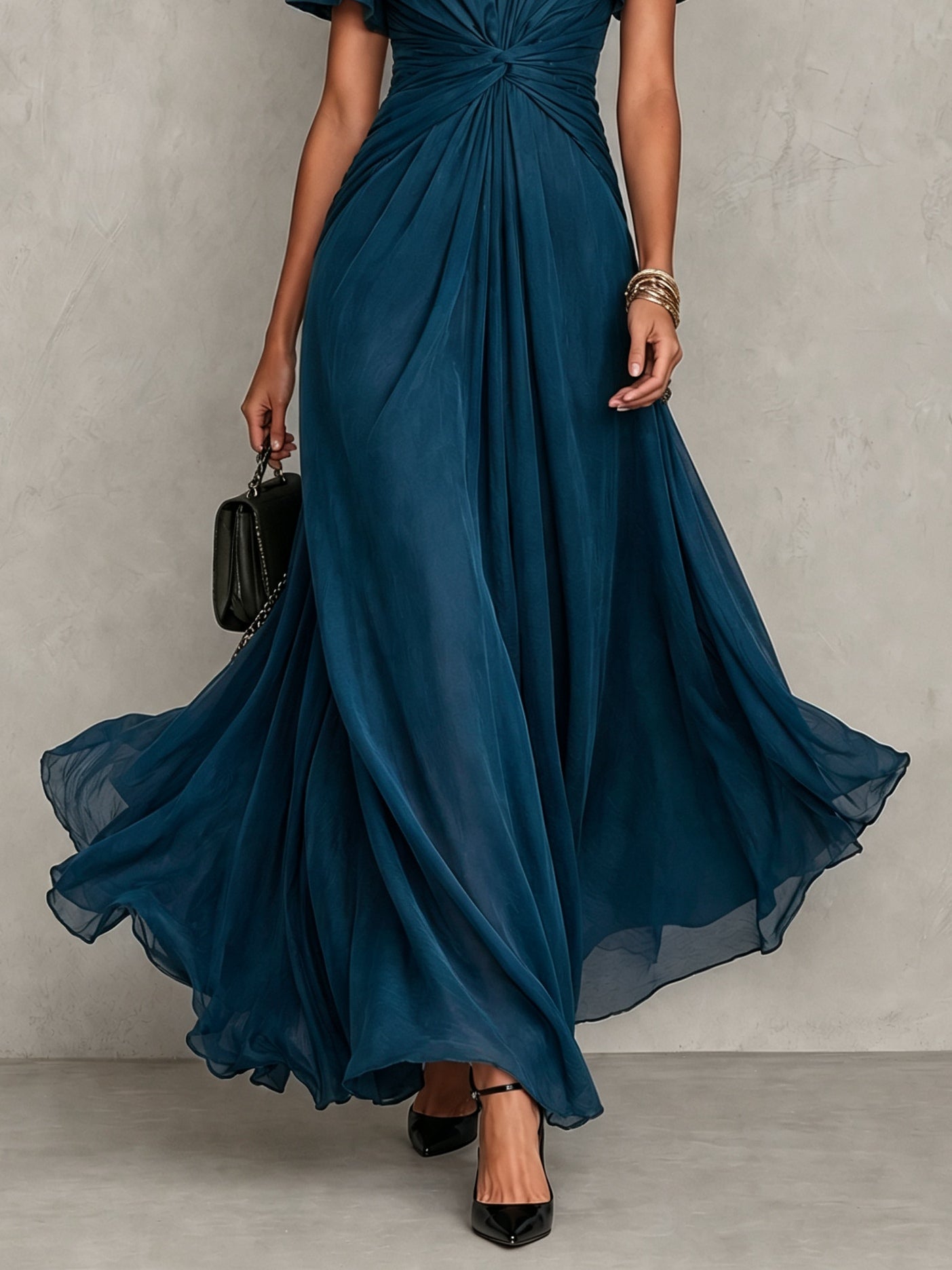 Dark Blue Twisted Waist Flutter Sleeve Maxi Dress