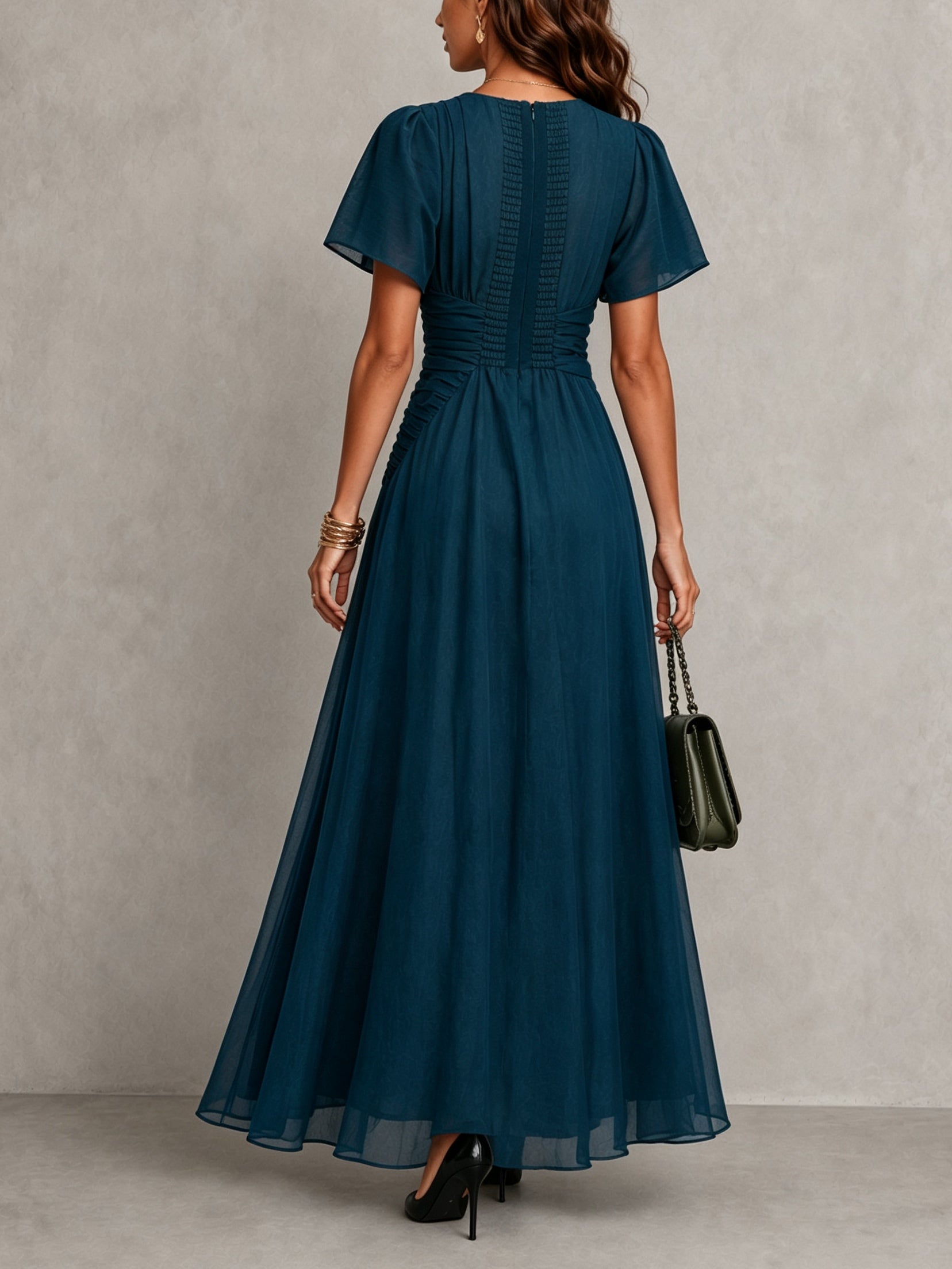Dark Blue Twisted Waist Flutter Sleeve Maxi Dress