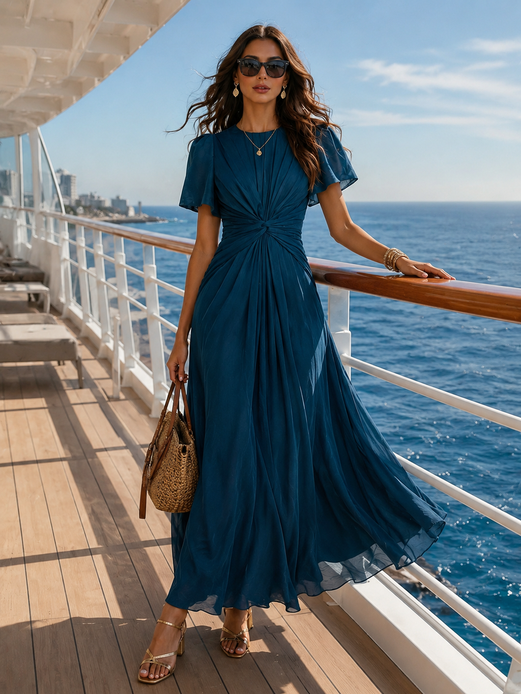 Dark Blue Twisted Waist Flutter Sleeve Maxi Dress