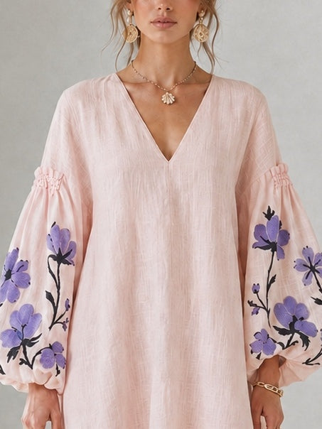 Pink V-neck Floral Print Mini Dress With Lantern Sleeves
