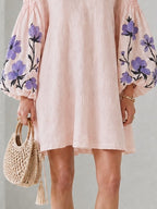Pink V-neck Floral Print Mini Dress With Lantern Sleeves