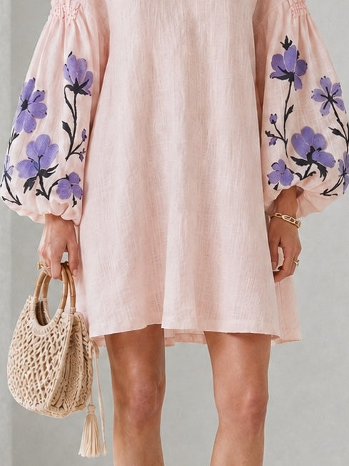 Pink V-neck Floral Print Mini Dress With Lantern Sleeves