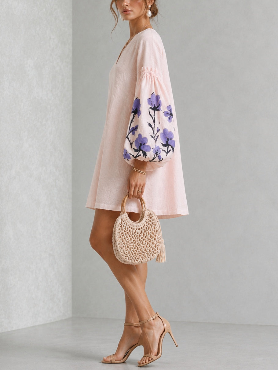 Pink V-neck Floral Print Mini Dress With Lantern Sleeves