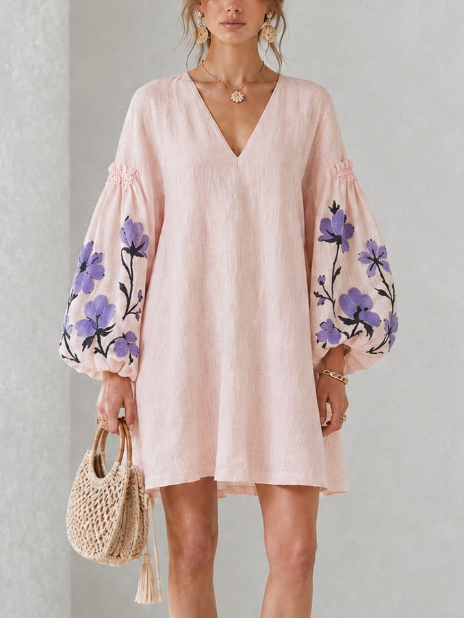Pink V-neck Floral Print Mini Dress With Lantern Sleeves