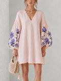 Pink V-neck Floral Print Mini Dress With Lantern Sleeves