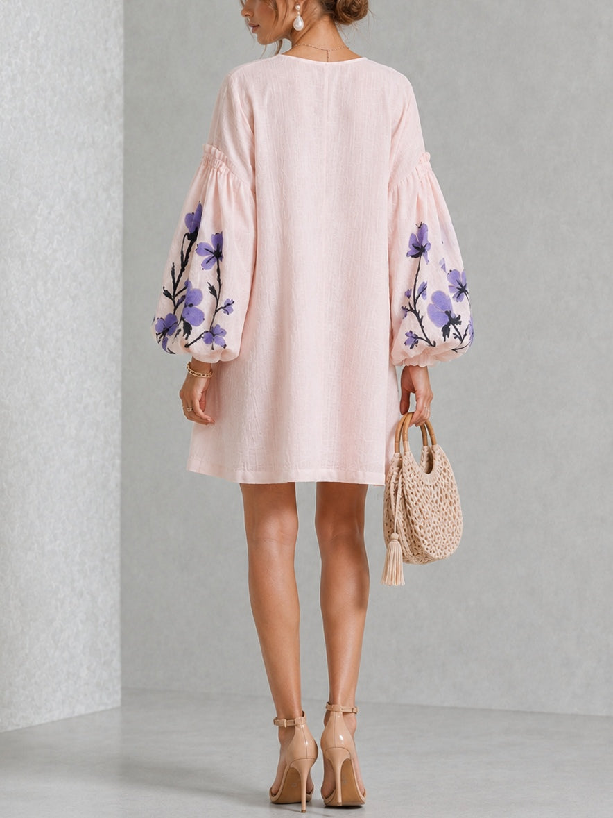 Pink V-neck Floral Print Mini Dress With Lantern Sleeves