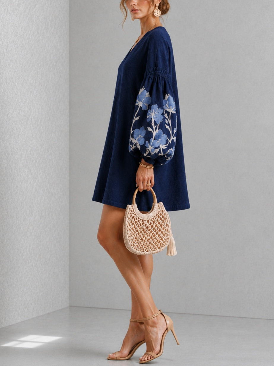 Navy V-neck Floral Print Mini Dress With Lantern Sleeves