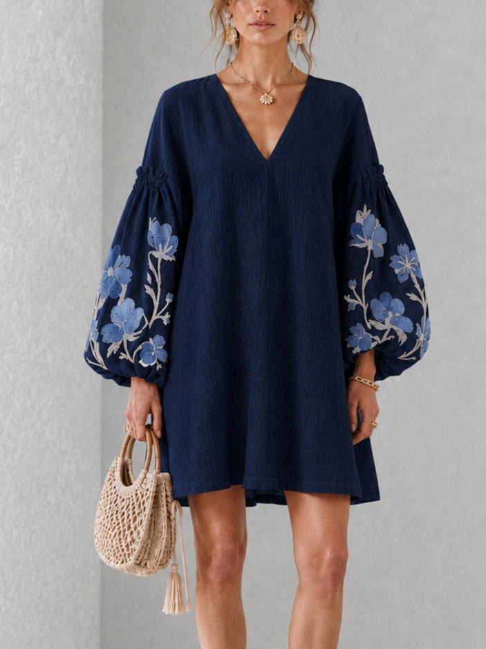 Navy V-neck Floral Print Mini Dress With Lantern Sleeves