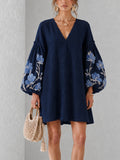 Navy V-neck Floral Print Mini Dress With Lantern Sleeves