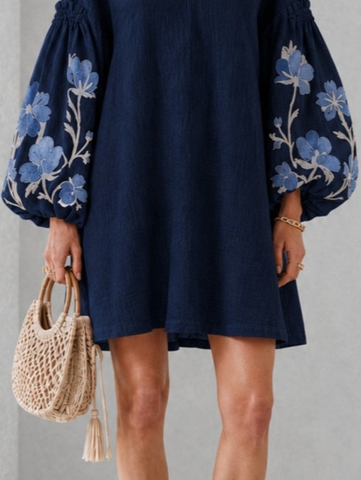 Navy V-neck Floral Print Mini Dress With Lantern Sleeves