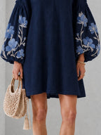 Navy V-neck Floral Print Mini Dress With Lantern Sleeves