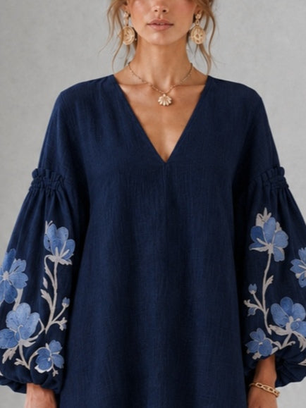 Navy V-neck Floral Print Mini Dress With Lantern Sleeves