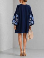Navy V-neck Floral Print Mini Dress With Lantern Sleeves