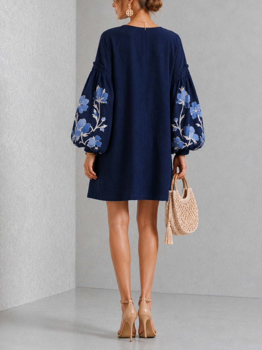 Navy V-neck Floral Print Mini Dress With Lantern Sleeves