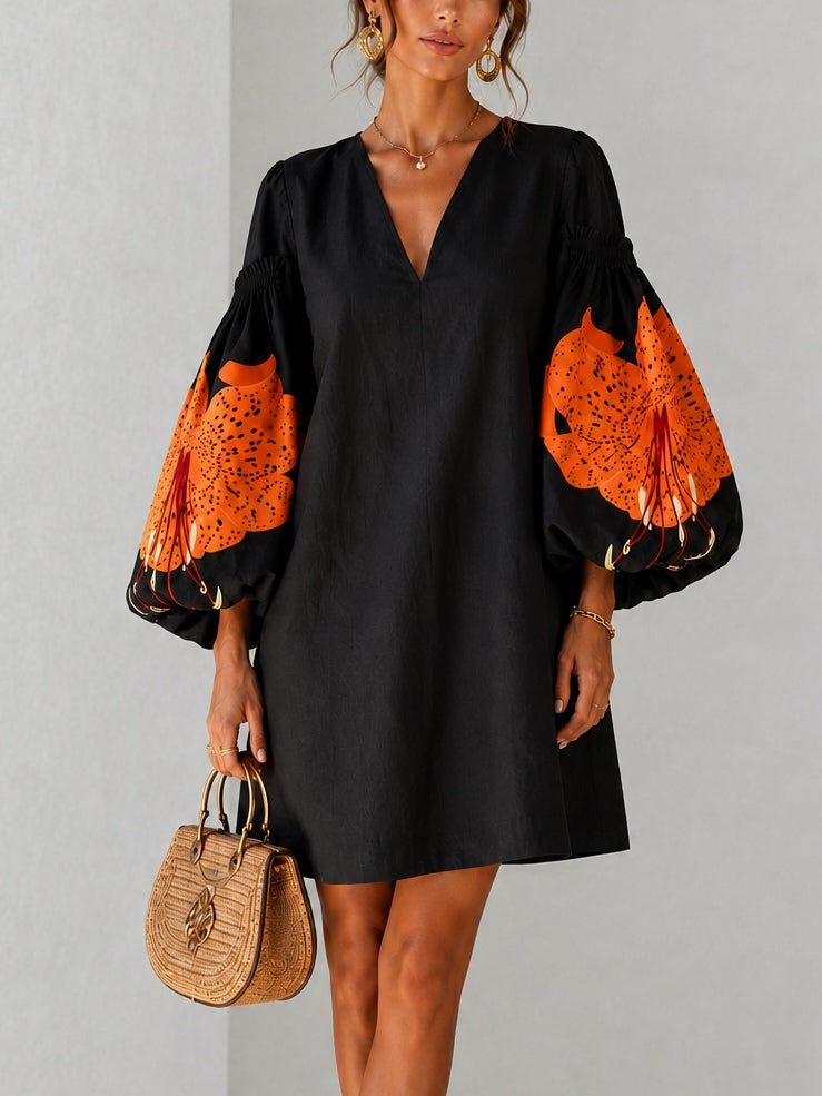 Black V-neck Mini Dress With Orange Floral Print And Lantern Sleeves