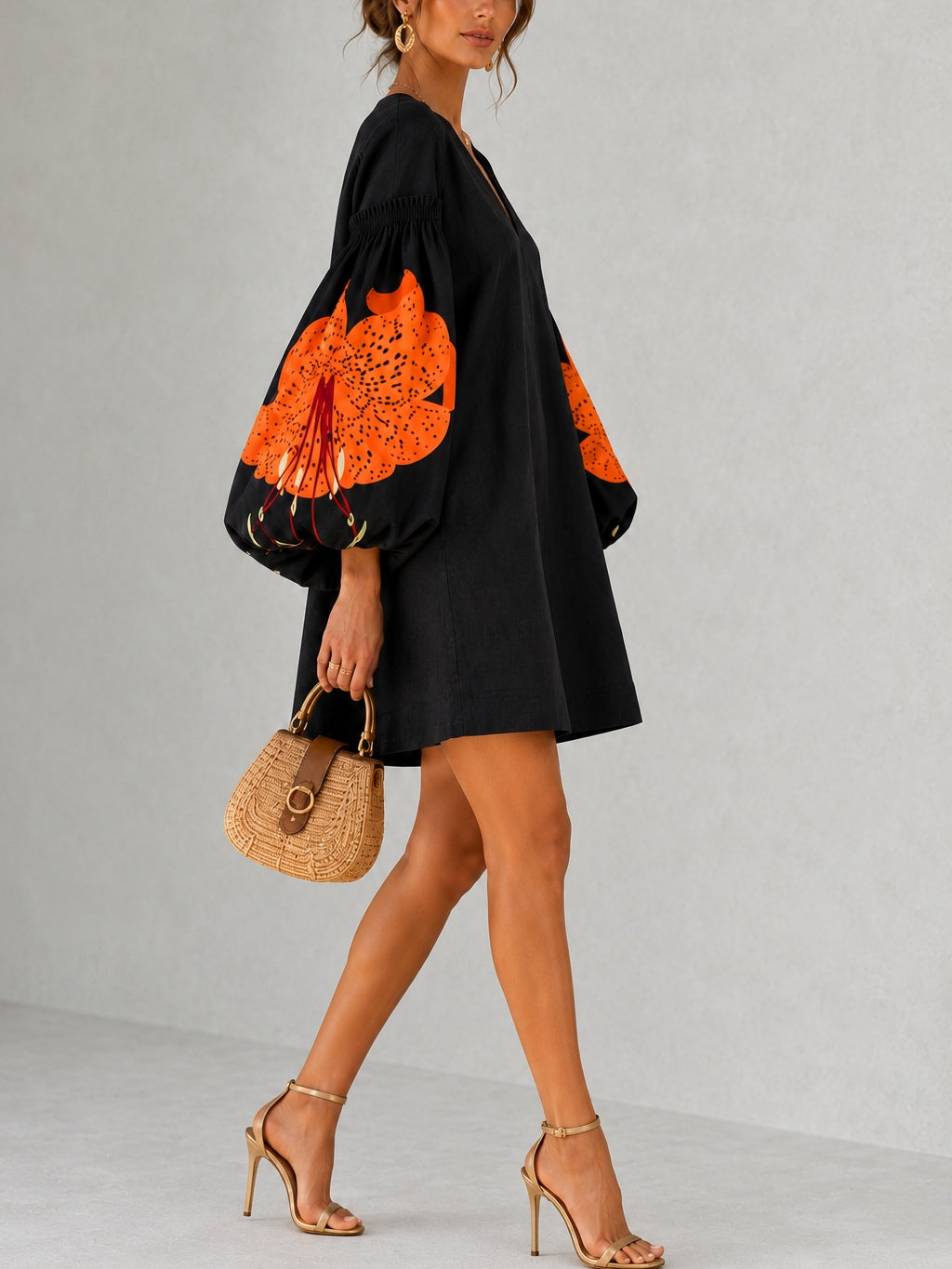 Black V-neck Mini Dress With Orange Floral Print And Lantern Sleeves