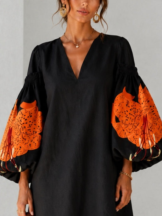 Black V-neck Mini Dress With Orange Floral Print And Lantern Sleeves