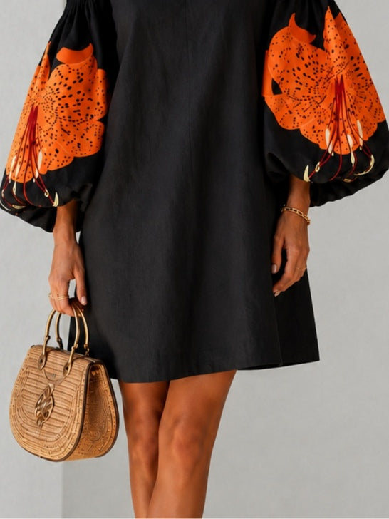 Black V-neck Mini Dress With Orange Floral Print And Lantern Sleeves