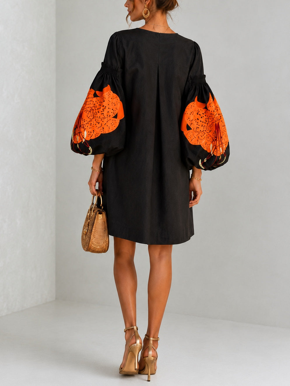 Black V-neck Mini Dress With Orange Floral Print And Lantern Sleeves