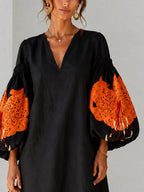 Black V-neck Mini Dress With Orange Floral Print And Lantern Sleeves
