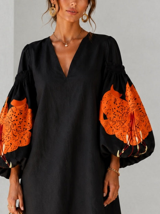 Black V-neck Mini Dress With Orange Floral Print And Lantern Sleeves