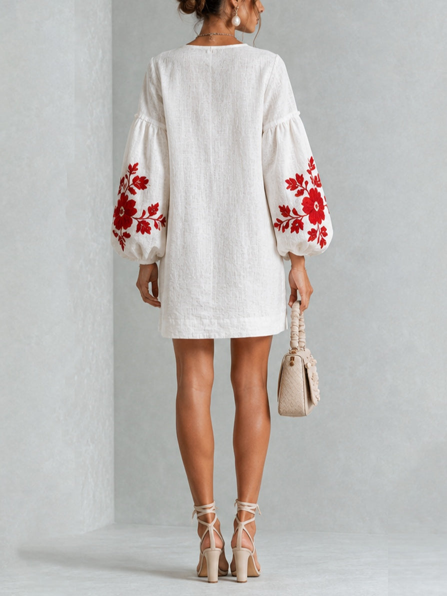 White Long-sleeve Mini Dress With Striking Red Floral Print And Lantern Sleeves