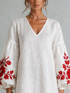 White Long-sleeve Mini Dress With Striking Red Floral Print And Lantern Sleeves