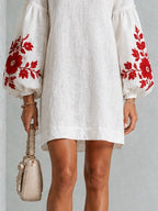 White Long-sleeve Mini Dress With Striking Red Floral Print And Lantern Sleeves