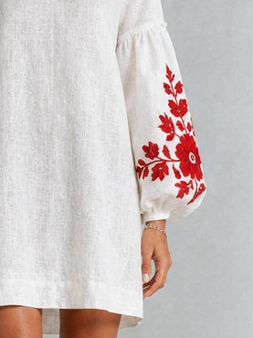 White Long-sleeve Mini Dress With Striking Red Floral Print And Lantern Sleeves