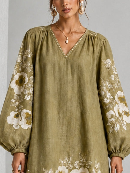 Olive Green V-Neck Floral Print Lantern-Sleeve Mini Dress