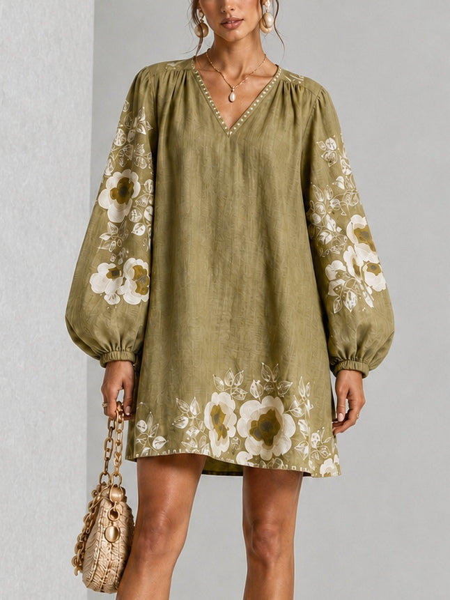 Olive Green V-Neck Floral Print Lantern-Sleeve Mini Dress