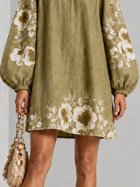 Olive Green V-Neck Floral Print Lantern-Sleeve Mini Dress