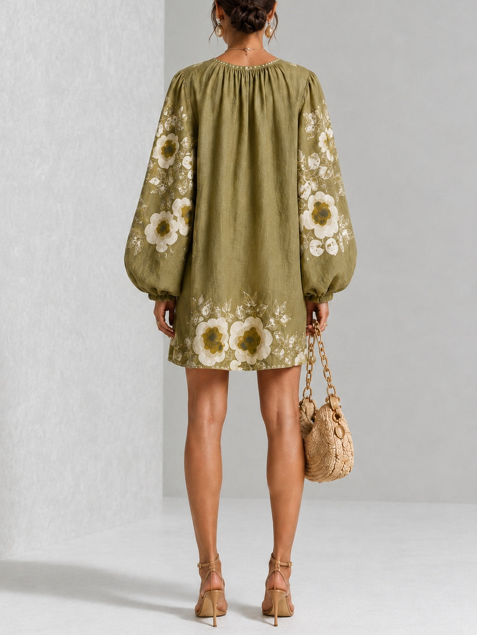 Olive Green V-Neck Floral Print Lantern-Sleeve Mini Dress