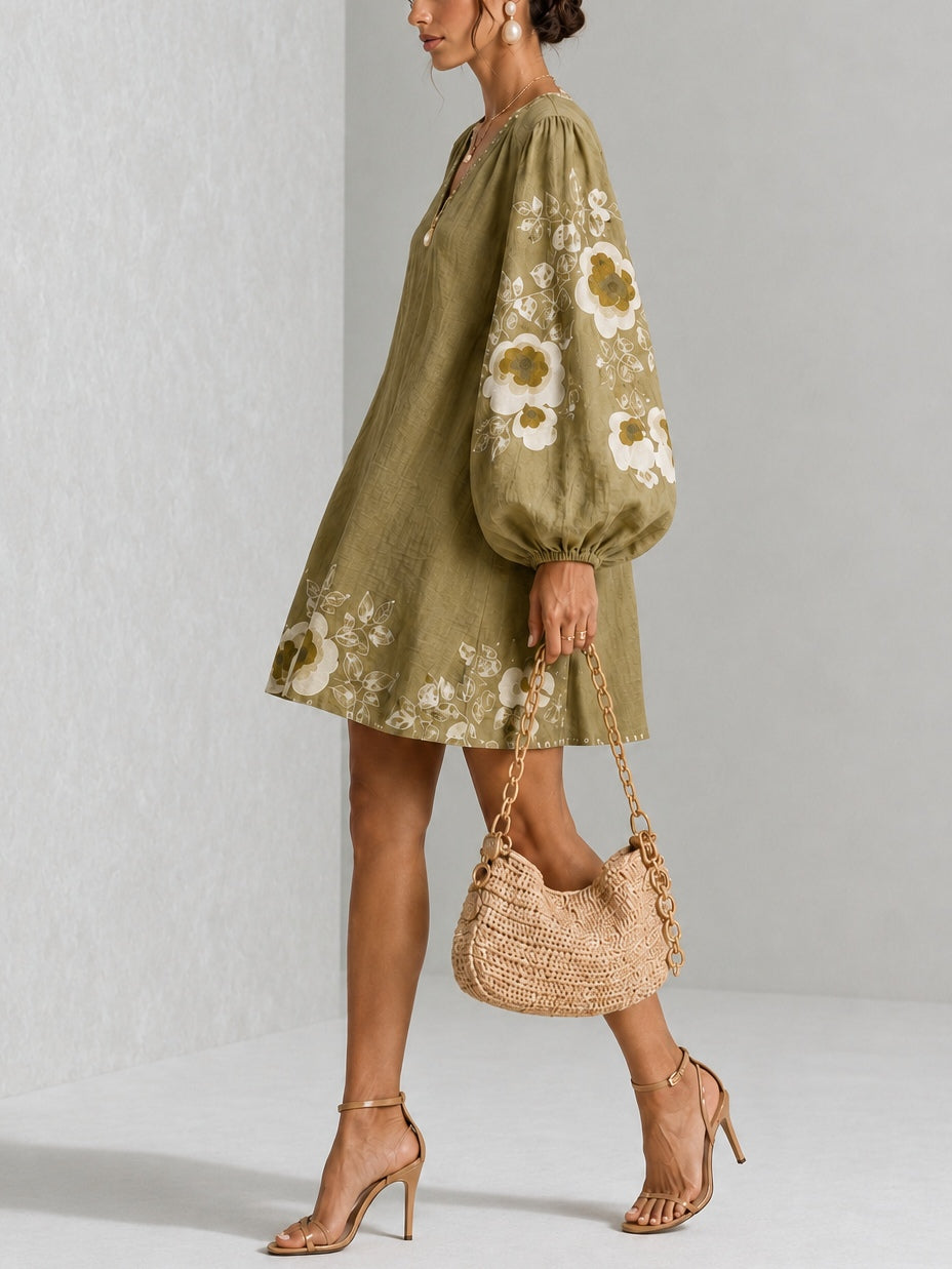 Olive Green V-Neck Floral Print Lantern-Sleeve Mini Dress