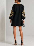 Black Gold Print Loose Mini Dress With Crew Neck And Lantern Sleeves