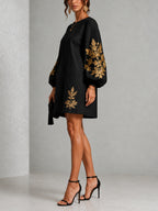Black Gold Print Loose Mini Dress With Crew Neck And Lantern Sleeves