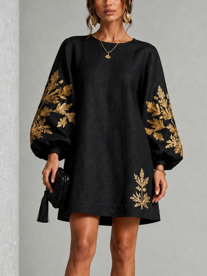 Black Gold Print Loose Mini Dress With Crew Neck And Lantern Sleeves