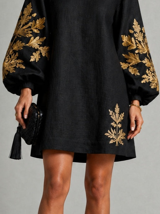 Black Gold Print Loose Mini Dress With Crew Neck And Lantern Sleeves