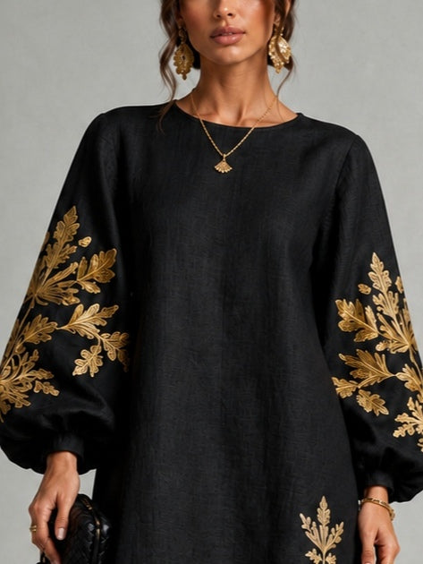 Black Gold Print Loose Mini Dress With Crew Neck And Lantern Sleeves