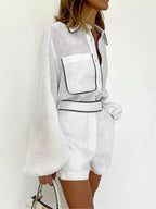 Black and White Contrast Cotton and Linen Shirt and Shorts Two-piece Set