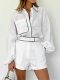 Black and White Contrast Cotton and Linen Shirt and Shorts Two-piece Set