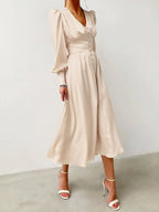 Satin Solid Balloon Sleeve V Neck Midi Dress
