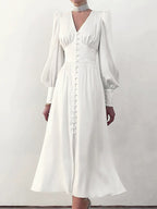 Satin Solid Balloon Sleeve V Neck Midi Dress