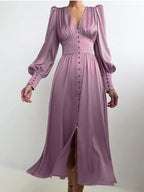 Satin Solid Balloon Sleeve V Neck Midi Dress