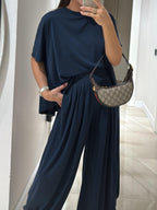Light Grey Casual Top and Wide-leg Pants Set