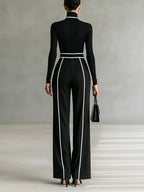 White Trim High-neck Long-sleeved Top With Wide-leg Pants and Belt Set