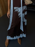 Elegant Brown and Blue Lace Panel Skirt