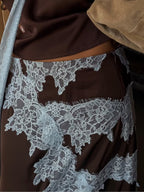 Elegant Brown and Blue Lace Panel Top + Skirt Suit Set