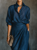 Elegant Dark Blue Cotton And Linen Blend Shirt Long Skirt Set
