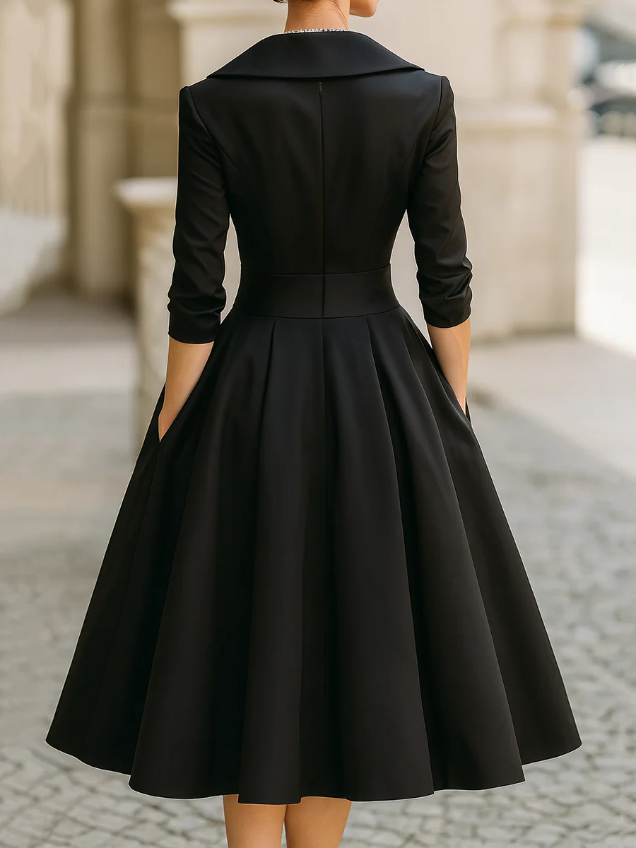 Elegant Black Satin Pleated V-neck A-line Midi Dress